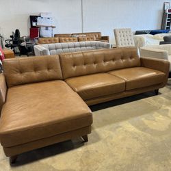 Cassie Tan Leather Sectional Sofa Left Facing Chaise 