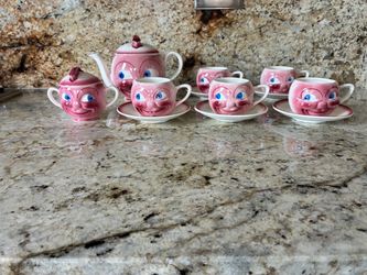 Vintage J Milota Czech Man in the Moon Face Tea Set 1920s Porzelanit Anthropomorphic Googly Eye