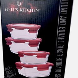 Hell's Kitchen 4 Pc Glass Food Storage Container Set Airtight Lock lid. New