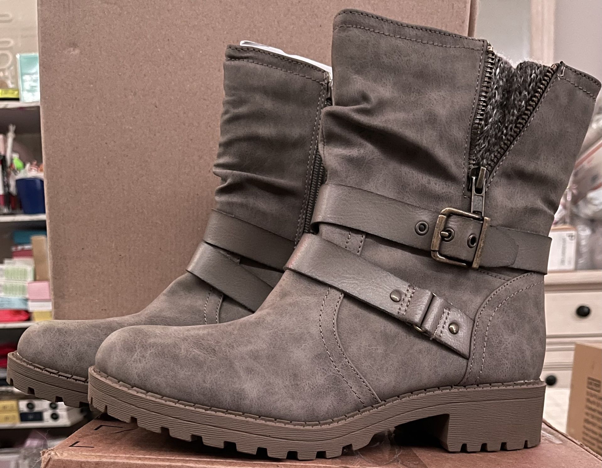 Jellypop Women's Taupe Spring Casual Buckle Sweater Boots #120