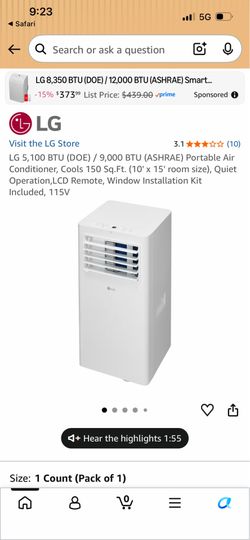 LG 5,100 BTU (DOE) / 9,000 BTU (ASHRAE) Portable Air Conditioner, Cools 150 Sq.Ft. (10' x 15' room size), Quiet Operation,LCD Remote, Window Installat