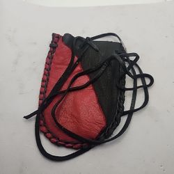 Black And Red Leather Pouch w/ Cord - 4.25x3.5" Suede Medicine Bag