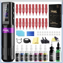 Tattoo Kit for Beginners Complete Set, Neebol Wireless Tattoo Gun Kit with LED Display, 20Pcs Tattoo Cartridge Needles, 8Pcs Premium Inks, F7