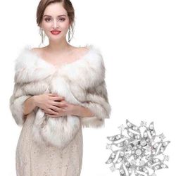Women’s Faux Fur Wrap White Wedding Shawls Faux Fur Stole Shrug Fur Cape 1920s Fur Wraps for Evening Dresses