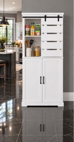Kitchen Pantry Cabinet, Storage Cabinet with Sliding Barn Door and Adjustable, White N-21