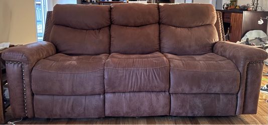 Brown Microfiber Reclining Sofa with Nailhead Trim + Matching Love seat