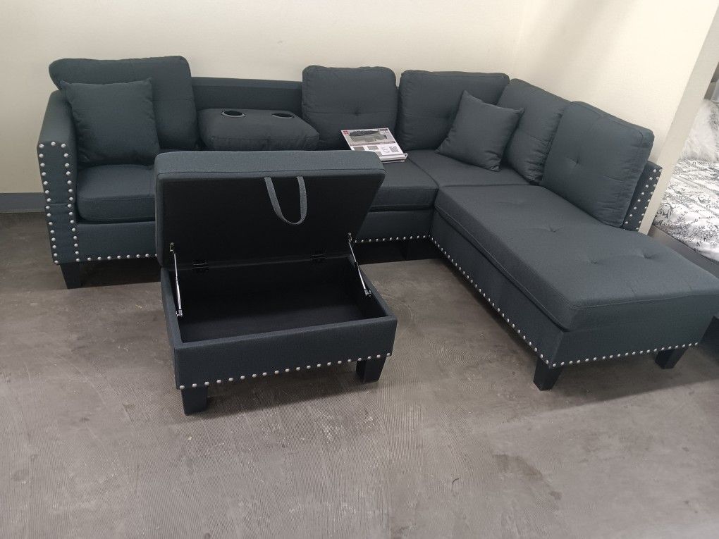 3pcs Sectional Sofa W/Drop Down Cupholder & Storage Ottoman