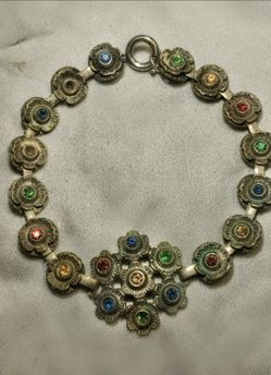 Vintage 1940's Brass Flower Link Multicolor Rhinestone Bracelet