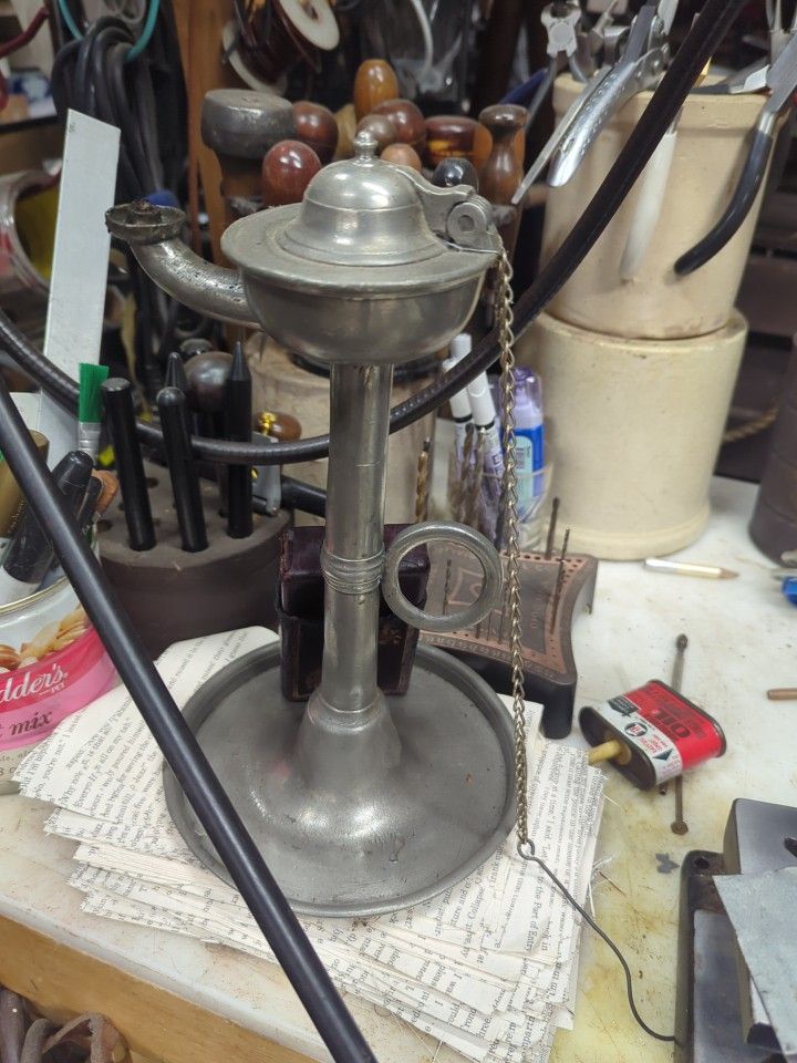 1820 Pewter Oil Lamp With Makers Mark And Year