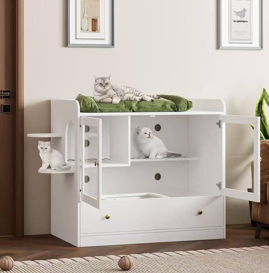 Large litter for cats, hidden furniture for cats with drawer and sand leak walkway, white 