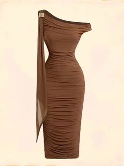Women One Shoulder Brown Bodycon Ruched Dress with Metal Buckle Size L