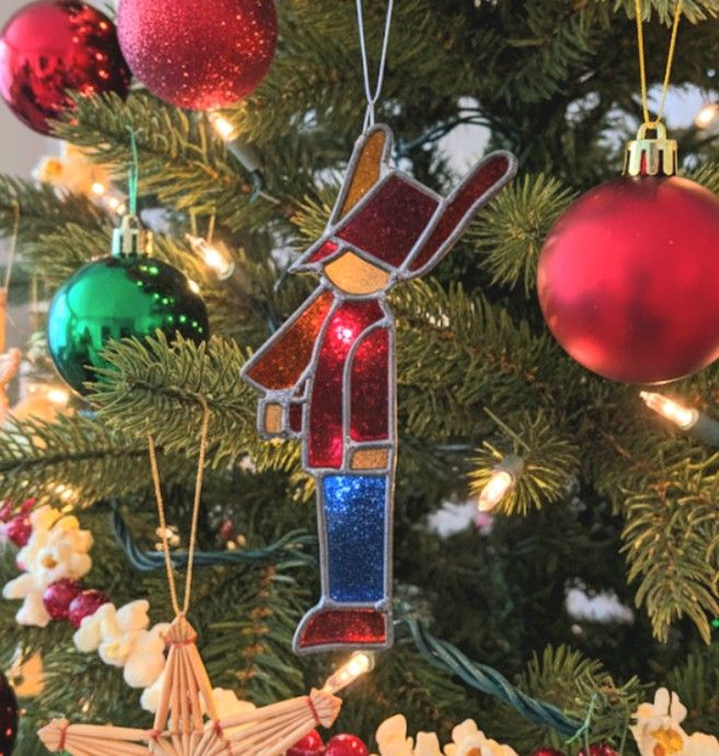 Rare Vintage Stained Glass Suncatcher Christmas Toy Soldier Ornament 7 in Nice!