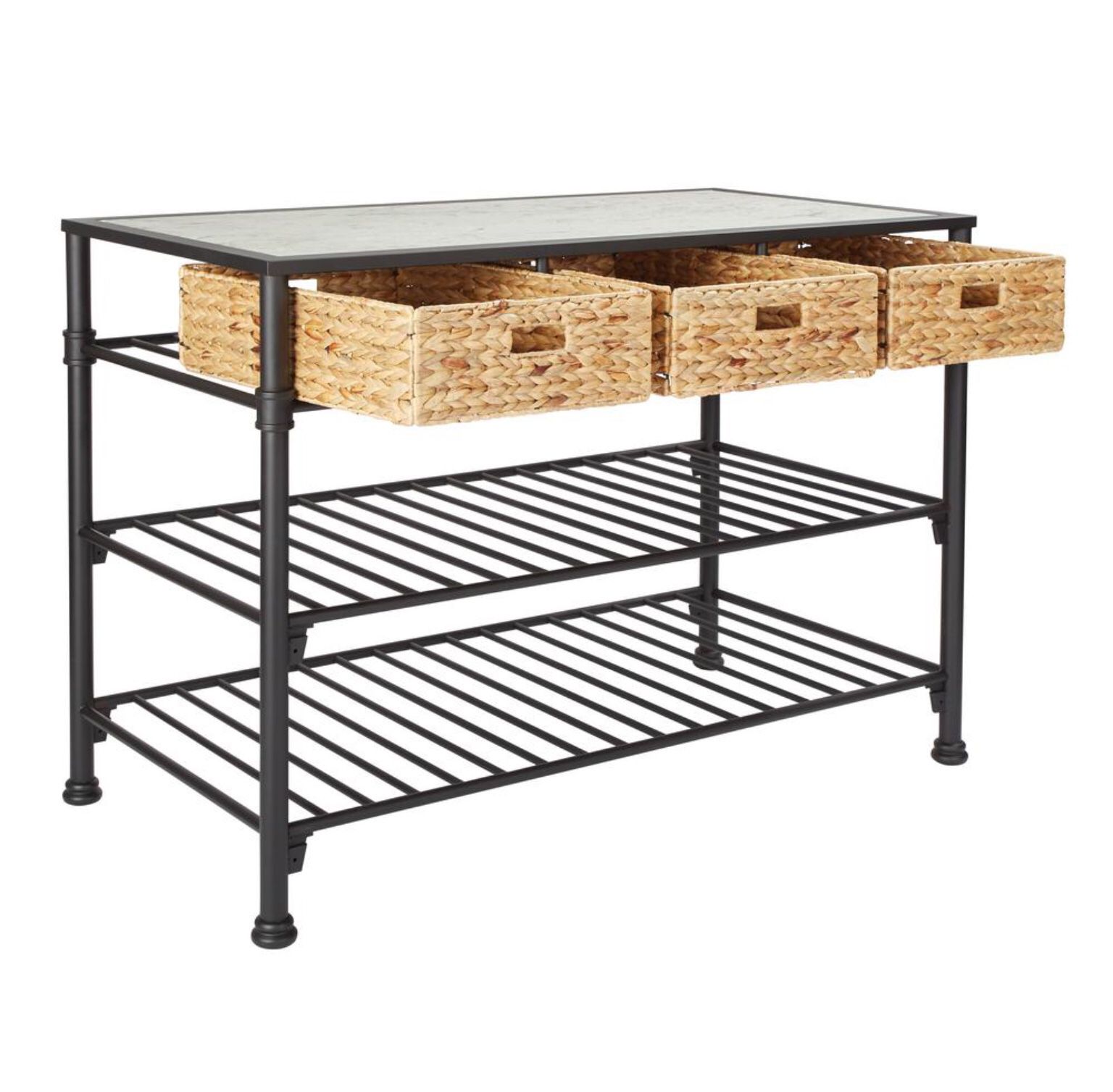 OSP Home Furnishings Paula Kitchen Island with Faux White Marble Top and Black Frame with Natural Woven Baskets, No Tools