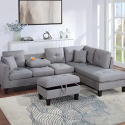 Gray Sectional Sofa Storage Ottoman Accent Pillows Nailhead Trim Cup Holders 6x8