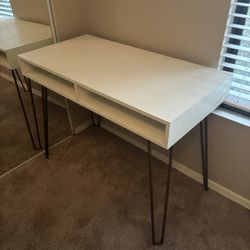 Mid-Century Modern White Desk w/ Hairpin Legs & Storage Shelf