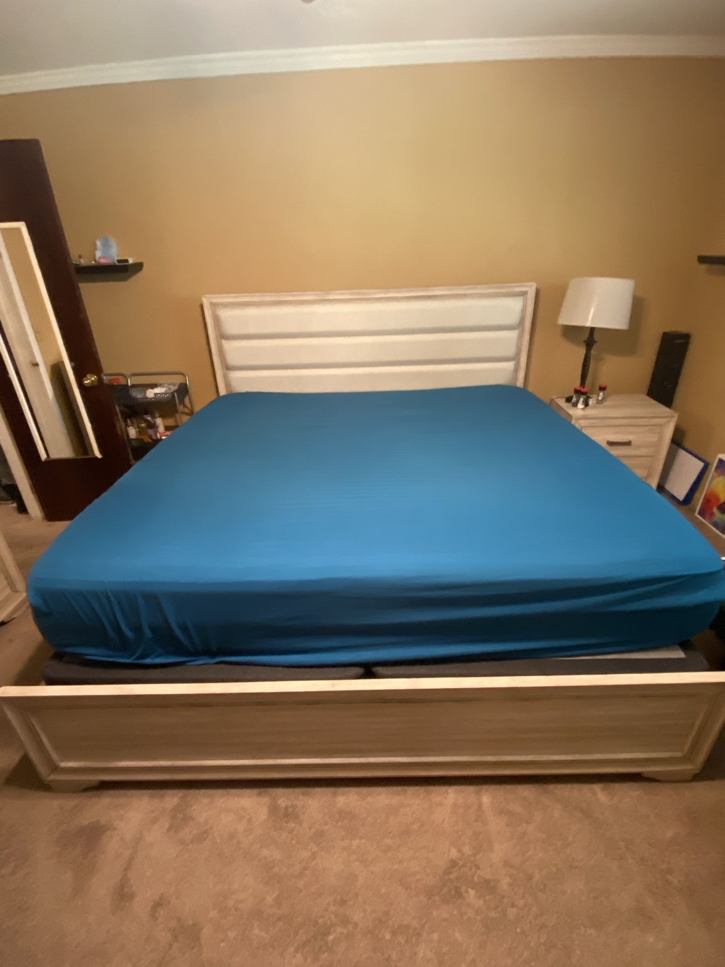 King Bed frame, Headboard, Dresser with Mirror, Box spring and Mattress
