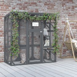 Catio Outdoor Cat Enclosure Cat House Wooden Cat Cage Large Feral Cat Shelter for Mulitiple Cats with Six Platforms, Large Enter Door, Waterproof Roof