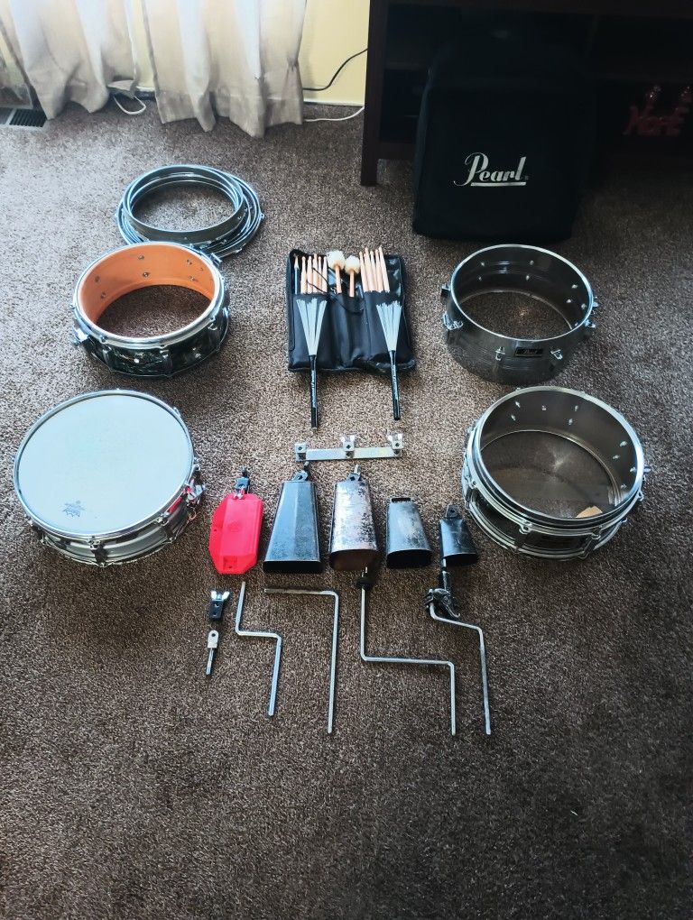 Assorted Drum & Percussion Instruments (Hardware, Snare Drum, Cowbell ...