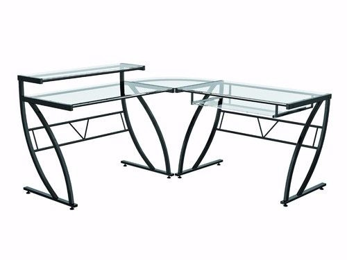 Desk Black Leather Top Desk with Silver Metal Stands"