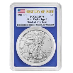 2021 (W) $1 Type 1 American Silver Eagle PCGS MS70 FDOI Flag Label Blue L031325