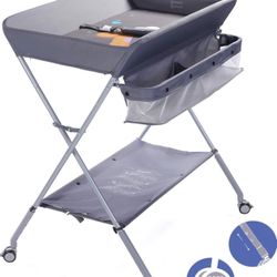 Baby Portable Folding Diaper Changing Station with Wheels, Adjustable Height Mobile Nursery Organizer with Safety Belt & Large Storage Racks, Newborns