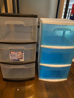 One  brown n one blue plastic drawers