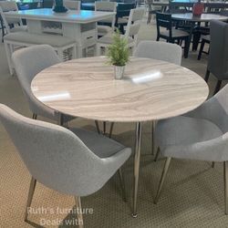 5-pc Round Dining Set White Faux Marble Table Top With Grey Fabric Upholstered Chairs 