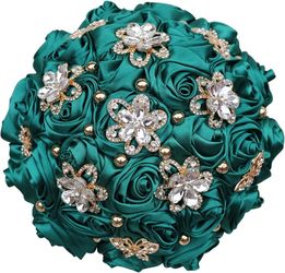 8.3" Handmade Satin Rose Bridal Bouquet Toss Round Wedding Bouquet Throw Toss Artificial Flower Bunch Dark Green