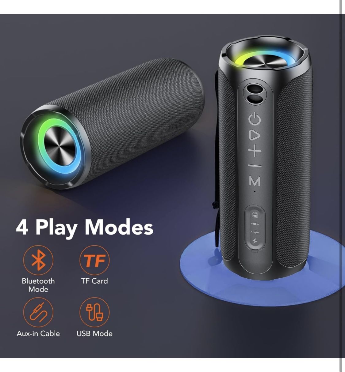 IPX7 Waterproof Speaker Bluetooth Wireless, 20W Loud Stereo Sound, 24H Playtime, RGB Lights, Dual Pairing, Bluetooth 5.3 Wireless Speaker