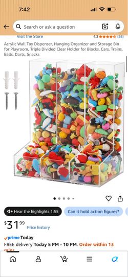Acrylic Wall-Mount Toy Organizer Triple Divided