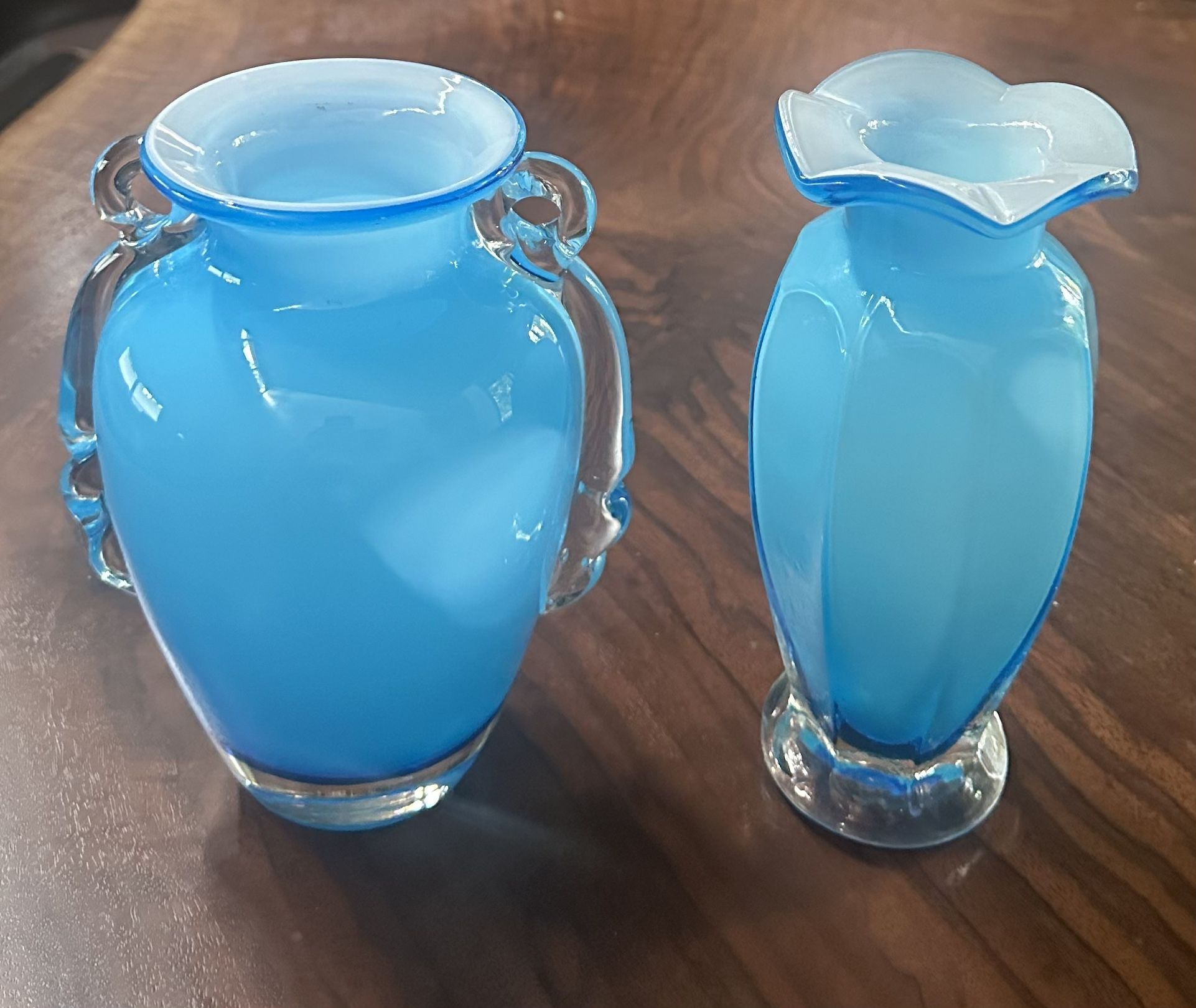 Pair of Turquoise Blue Vases - Fenton & Murano