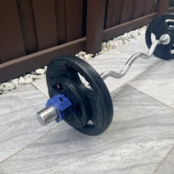 EZ Olympic Curl Bar & 60lb  Rubber Iron Weight Plates and Olympic Barbell Clamp Locking Collar,