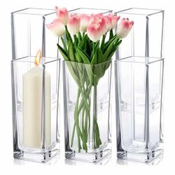 NEW 6 Pcs Square Glass Vases Clear Cube Flower Vase Tall Rectangle Decorative Candle Holders Floral Arrangement Vase for Table Centerpieces 