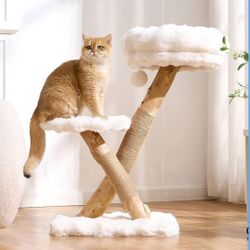 Wood Cat Tree for Indoor Cats Small to Medium Up to 12lbs, 33in Modern Cat Tree Tower 