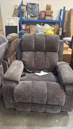 New Upgraded Flagship Oversized Gray Chenille Power Lift Recliner Chair w/Extended Footrest & Pull-Out Side Storage