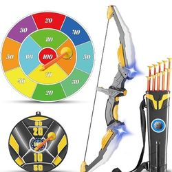 Kids Bow and Arrow Set LED Light Up Archery Set with 10 Suction Cup Arrows, 2 Archery Targets Indoor Outdoor Games for Kids Ages 4-8 8-12 Birthday Gif