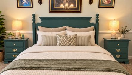 Solid Wood Queen Headboard w/ Metal Bed Rails – Emerald Green