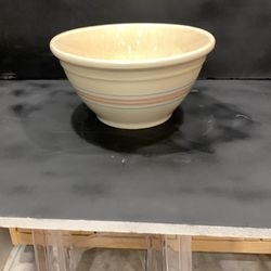 Vintage McCoy Pink and Blue Striped Stoneware Oven Proof Mixing Bowl Measures -10 inches Across