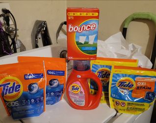 TIDE BUNDLE: 2 TIDE PODS BAGS (16 COUNT), TIDE DOWNY 21 LDS/30oz, Bounce Sheets (105 Count), & 2 TIDE SIMPLY BAGS (13 Count) For $27