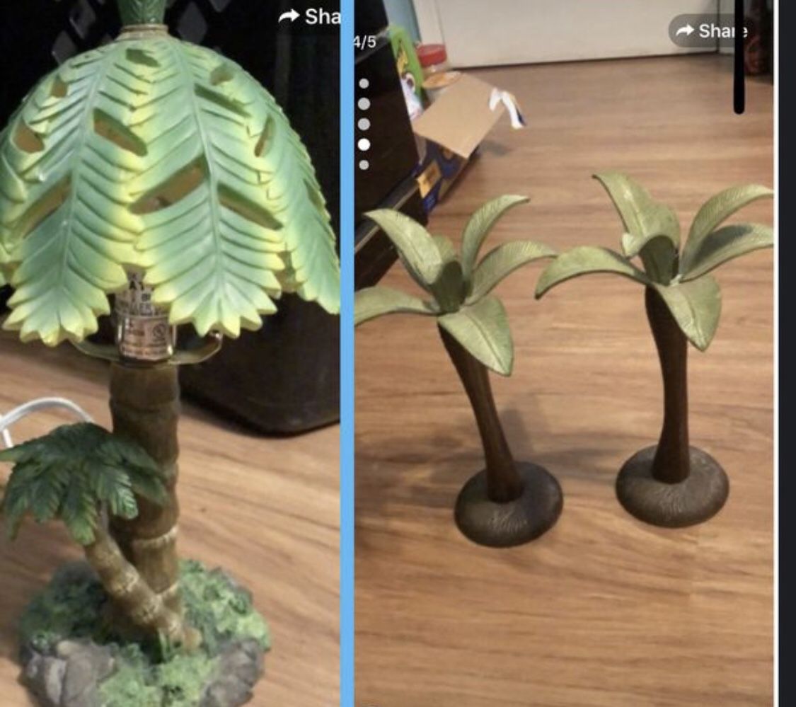 Palm tree end table lamp and two small standing artificial palm tree decor