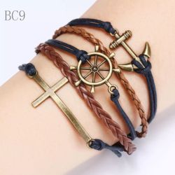 Cross, Anchor And Ships Wheel Nautical Bracelet 