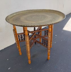 Antique Engraved Brass Tray Table Moroccan Morroco Moorish Decor with folding stand 26 in tray w.
