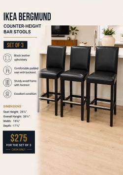 Bar Stools (Set of 3) – Black Leather – Excellent Condition