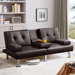 Modern Faux Leather Convertible Futon Sofa Bed with Cup Holders, Espresso