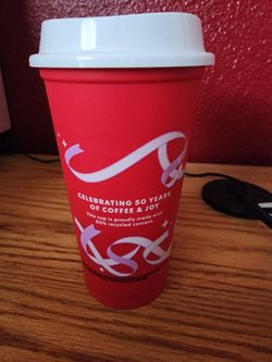 Starbucks 2021 Red Cup Reusable 16oz Grande Ribbon Christmas 50th Anniversary.