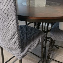 Cappuccino Wood High Top Dining Table With Marble Lazy Susan And Chairs