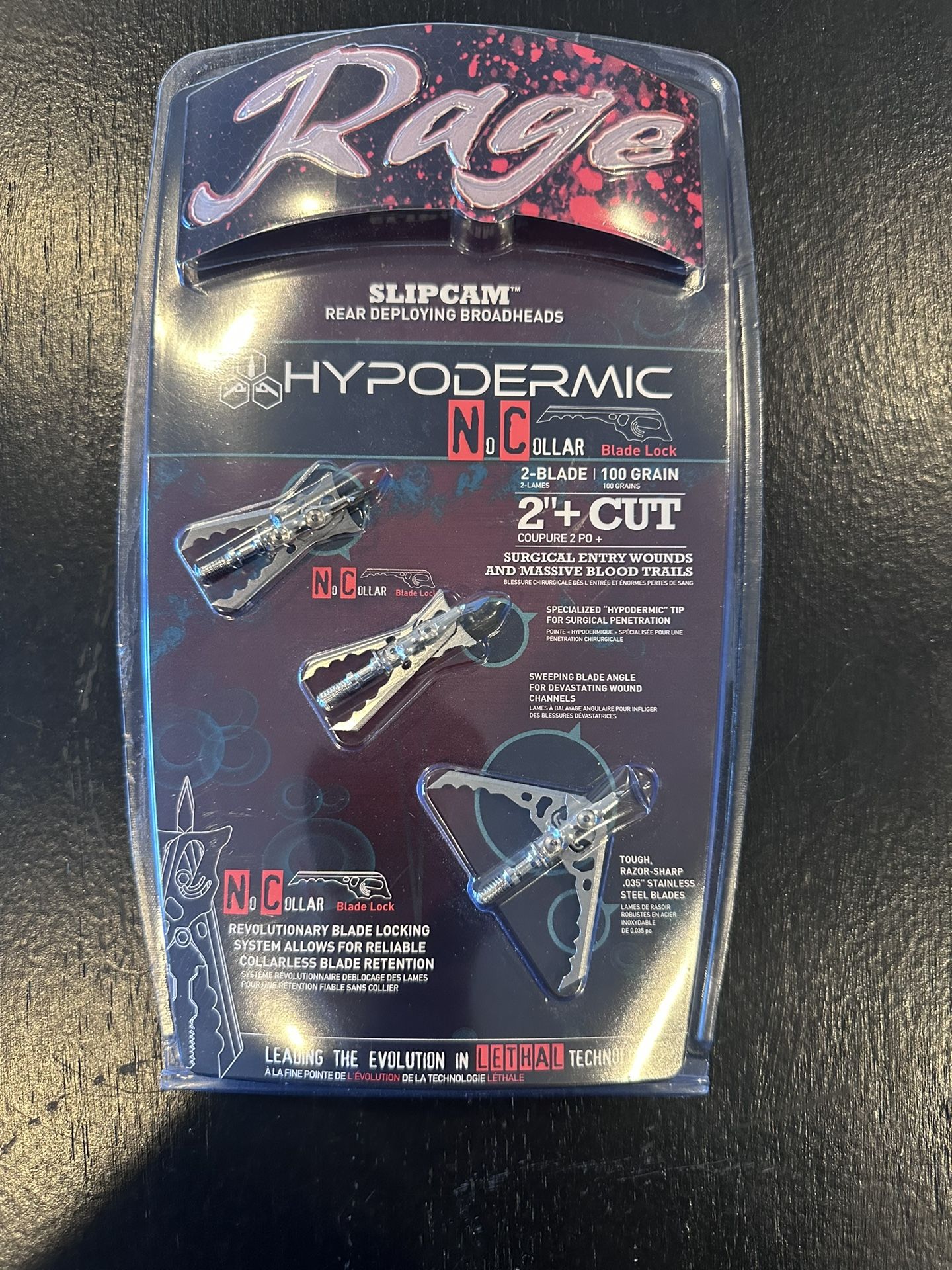 Rage Hypodermic NC No Collar mechanical bowhunting Broadheads 100 Grain 2+" Cut