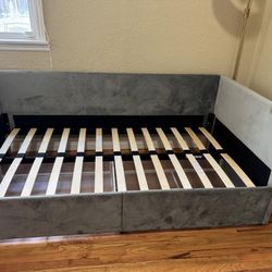 Bluish Gray Suede Twin Bed along With Memory Foam Twin Mattress 