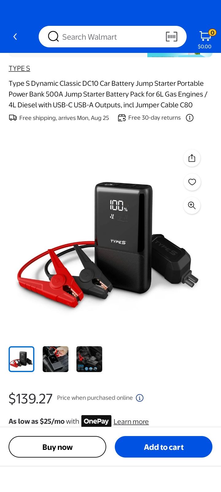 $30 Type S Power Bank And Jump Start