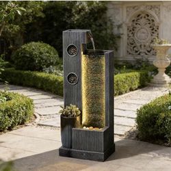 37’’ Tall Waterfall Fountain Indoor Modern Outdoor Water Fountains with LED Light,Vertical Striped Texture Floor Standing Water Feature for Patio, Yar